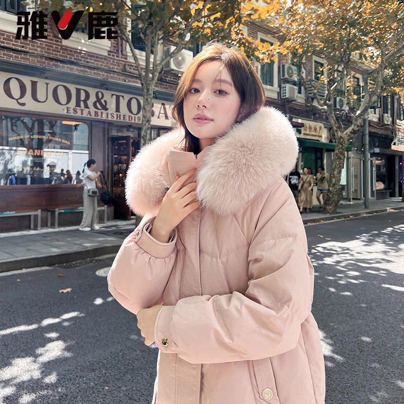 【冬日穿搭】雅鹿狐狸毛领粉色羽绒服长款女冬新款时尚加厚外套大衣