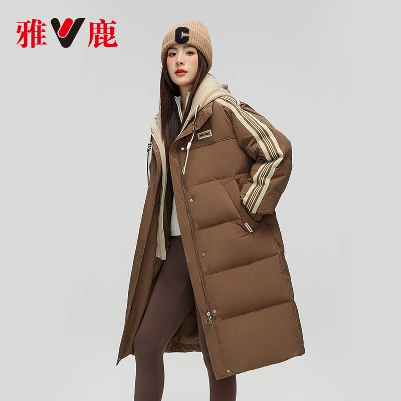 【现货】雅鹿拼接假两件羽绒服女冬季新款长款过膝撞色条纹运动外套