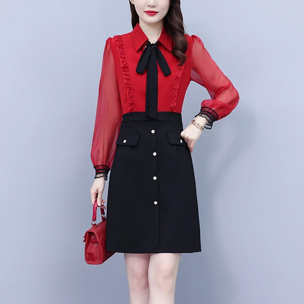 秋装新款大码收腰显瘦小个子洋气妈妈蝴蝶结细带红色连衣裙755841