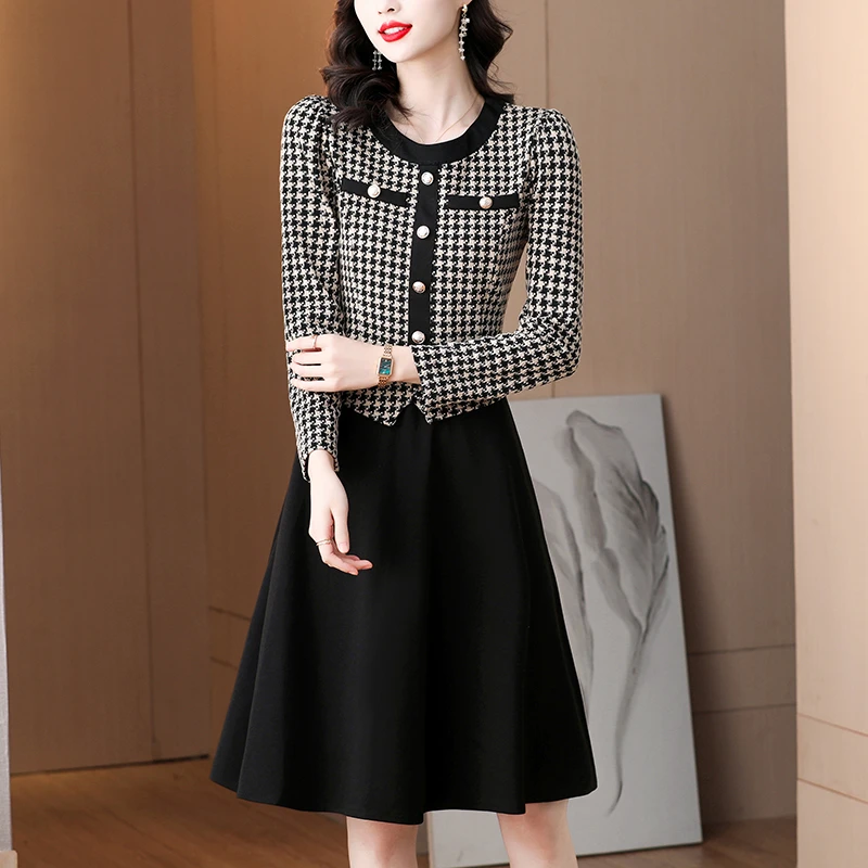 千鸟格假两件连衣裙2024年春装新款显瘦气质小个子打底裙866529