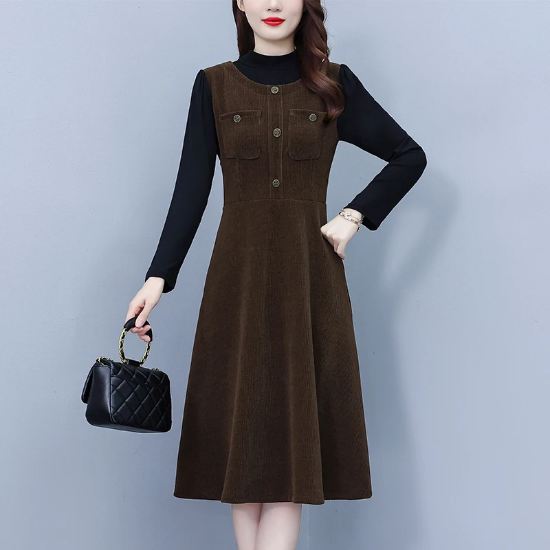 春秋新款大码修身显瘦气质假两件连衣裙雪尼尔中长款裙子777091