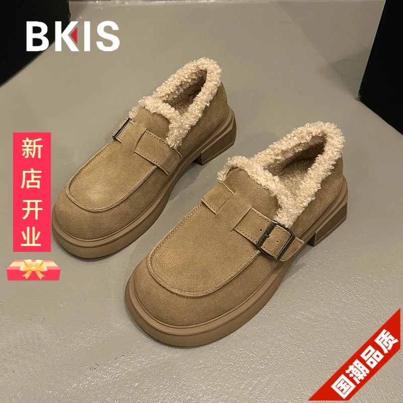 德沃软皮毛一脚蹬勃肯毛毛乐福鞋子女秋冬季加绒保暖2023新款外穿