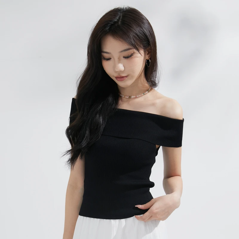 北欧时刻夏季新款法式一字肩T恤女优雅修身显瘦百搭E21147422214