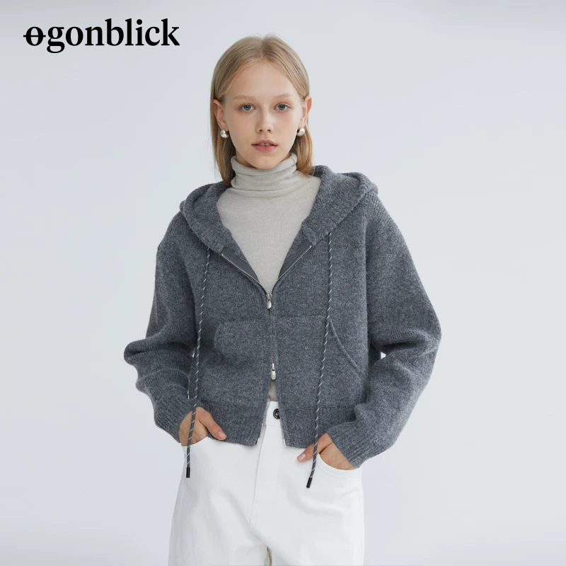 北欧时刻秋冬新款韩系学院风设计感纯色连帽洋气保暖连帽毛衣外套