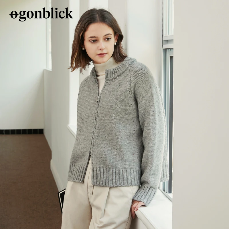 北欧时刻灰色针织开衫女新款软糯短款毛衣外套E21357340297