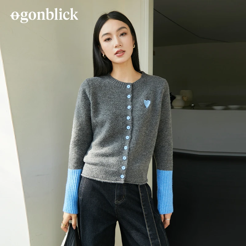 【杜】春季新款撞色百搭简约刺绣爱心排扣针织开衫毛衣上衣女