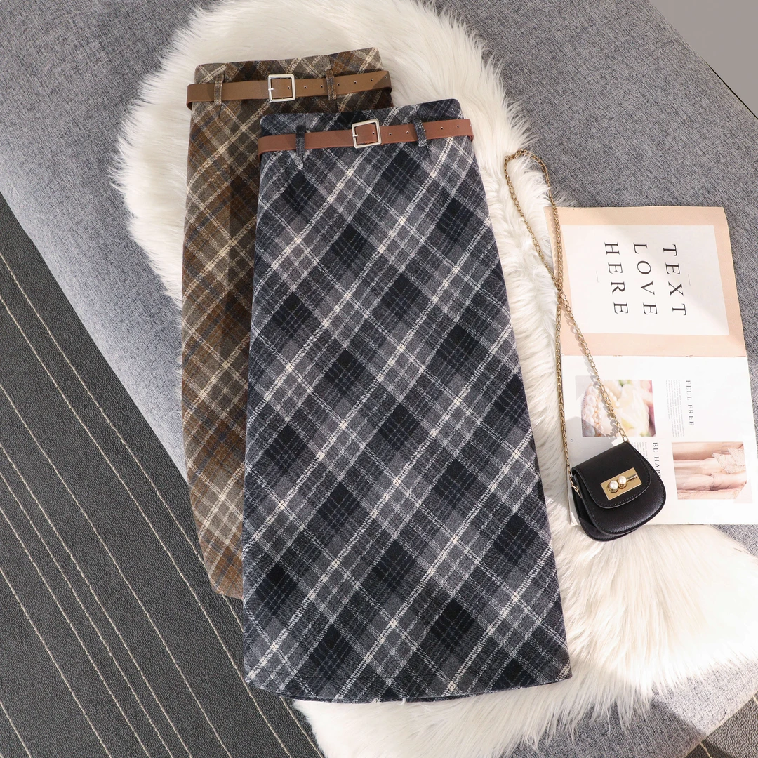 送腰带复古格子毛呢半身裙女2023冬高腰显瘦开叉中长款a字包臀裙