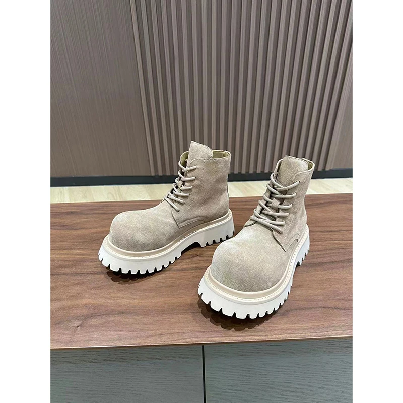 2023冬新款马丁靴米奇头系带女短靴真皮单靴潮