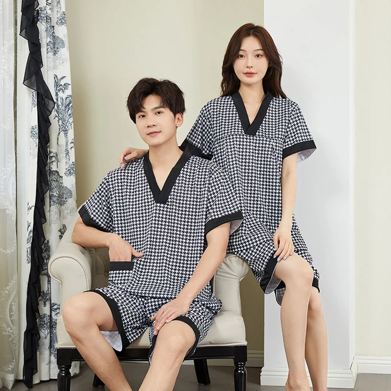 汗蒸服桑拿服男女千鸟格全棉高档浴服家居服情侣款大码加肥按摩服