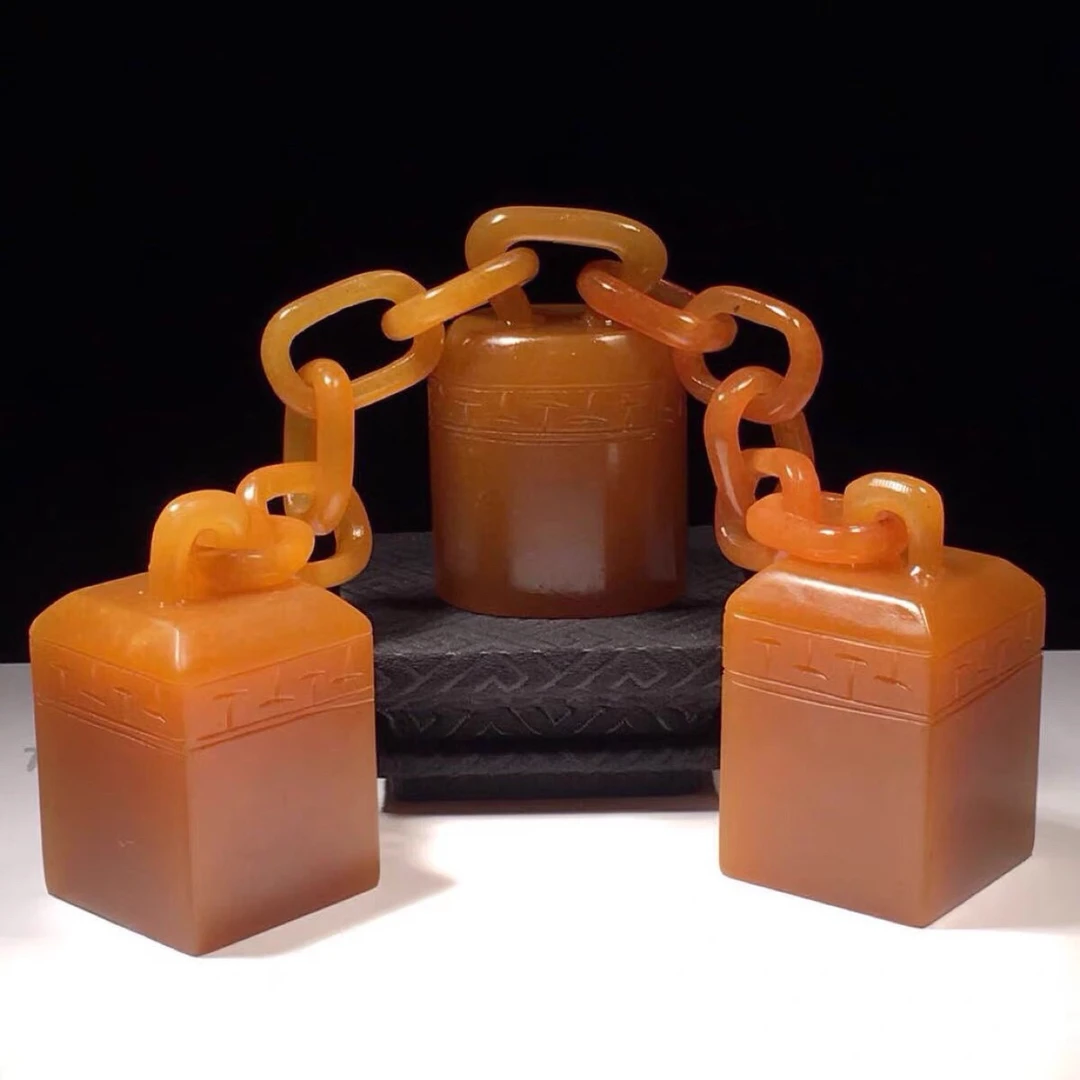 老挝石寿山石雕纯手工雕刻工艺品田黄石三联印石印章家居装饰摆件