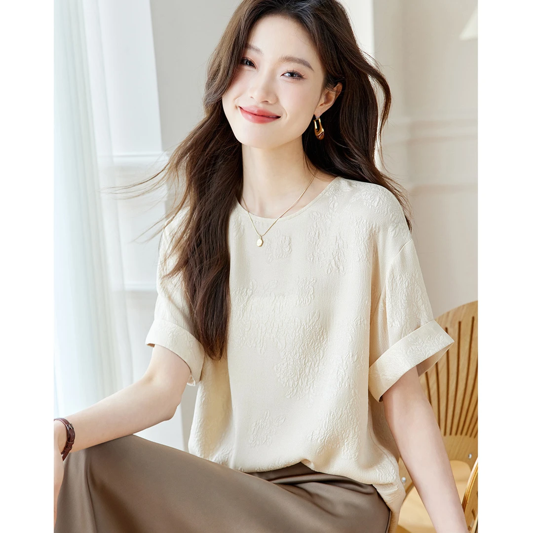 【19姆米花萝冠乐绉】真丝T恤女2024春夏宽松短袖上衣HJA24XH622162