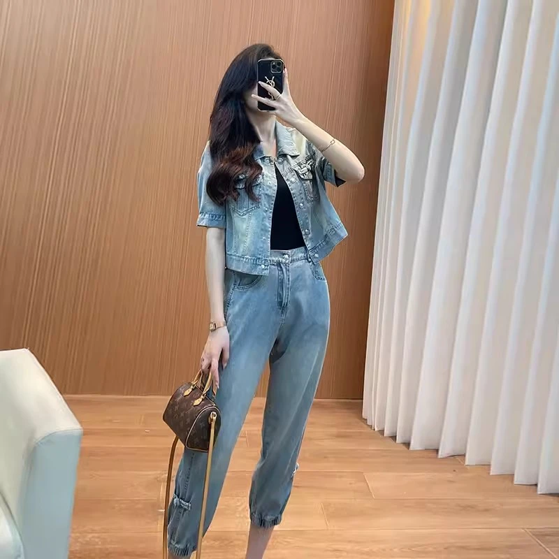 中式薄款休闲短袖牛仔套装女夏2024新款时尚减龄洋气九分裤两件套