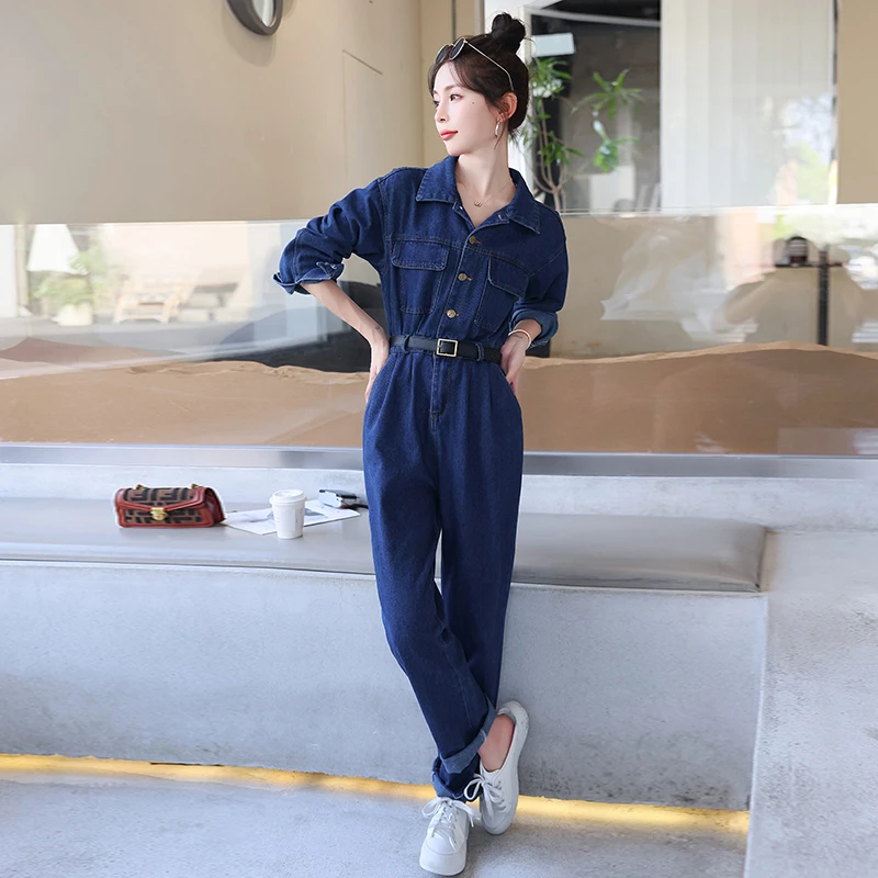 2023春秋季新款韩版宽松显瘦工装牛仔连体裤长裤女休闲长袖连衣裤