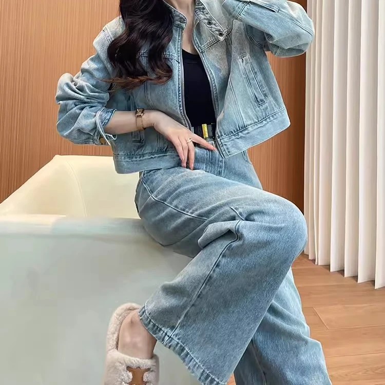 牛仔阔腿长裤套装女2024新款春秋短款长袖小众港味外套时尚两件套