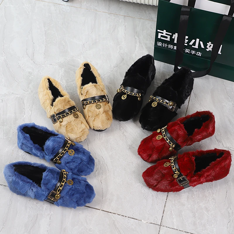 欧洲站貂毛鞋子女冬外穿棉瓢2025冬季新款平底豆豆鞋网红毛毛鞋女