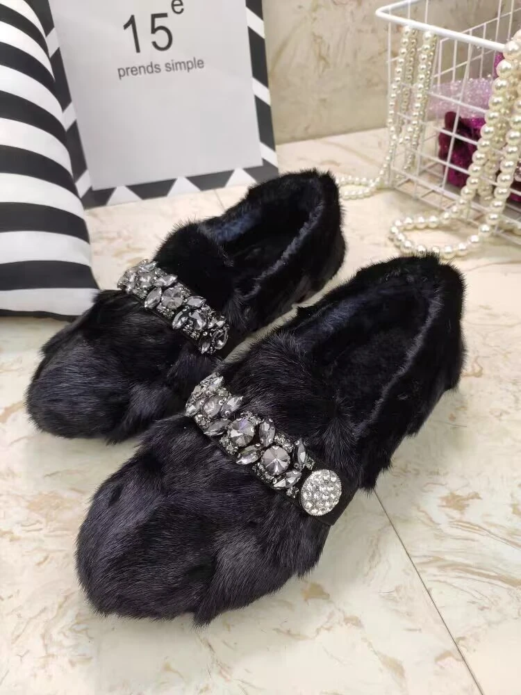 水貂毛瓢鞋女鞋豆豆底加绒加厚水钻貂毛厚底防滑软底冬季百搭棉鞋