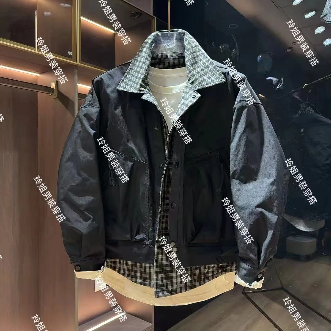 9818港风假两件格子拼接夹克男2024秋季韩版宽松潮流百搭工装外套