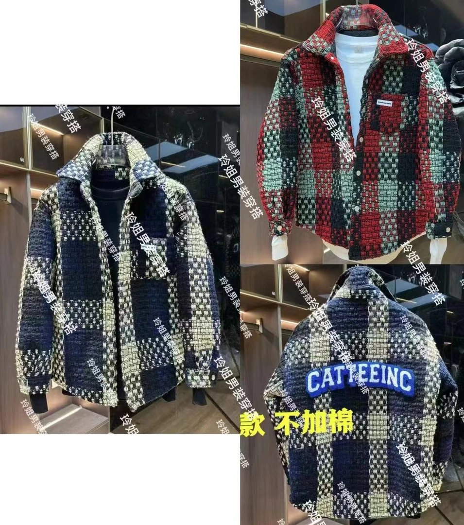 3306冬季新款小香风编织衬衫外搭男色织提花格子休闲外套男