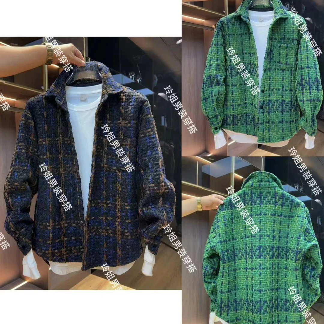 小香风千鸟格男士韩版潮流百搭宽松燕尾加厚翻领衬衫外套