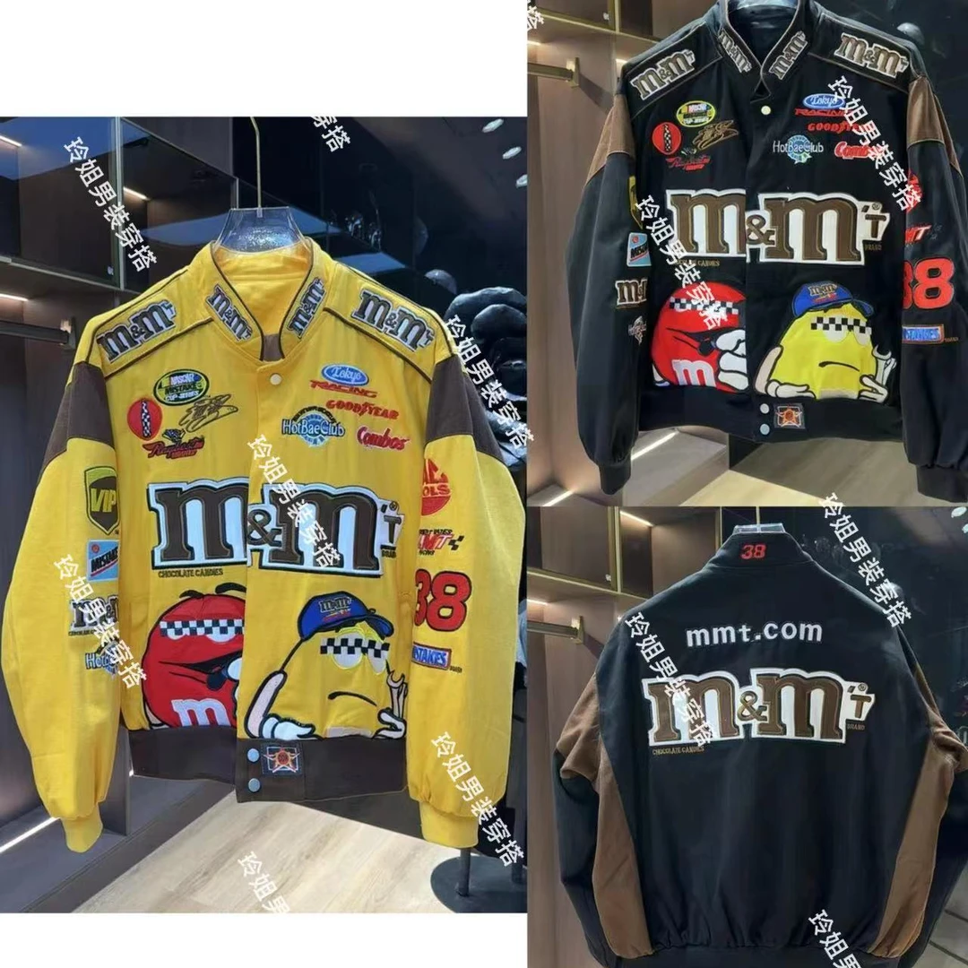 秋季新款M豆美式街头刺绣棒球机车男女夹克外套复古卡通刺绣外套