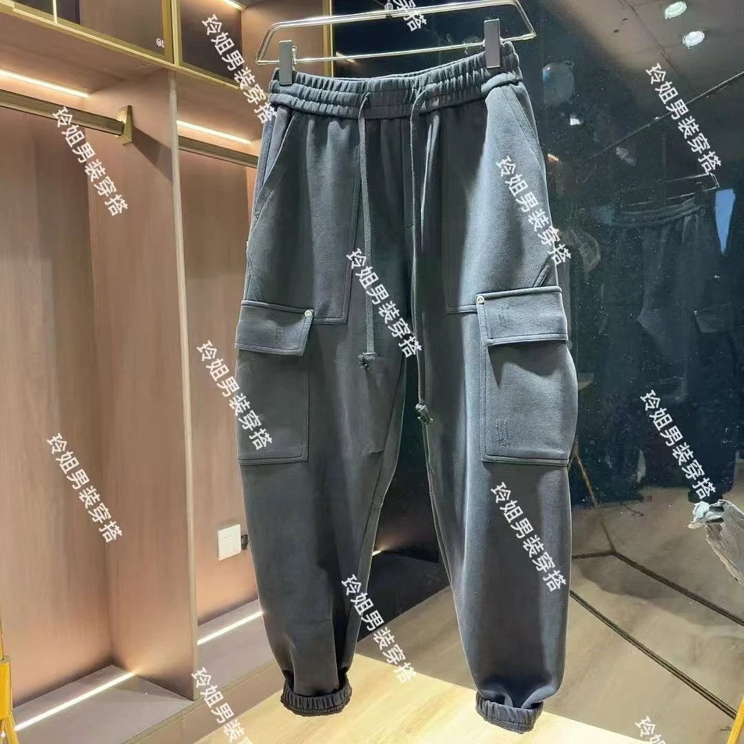 812冬季新款大口袋束脚工装裤男士小脚休闲裤简约百搭弹力运动裤