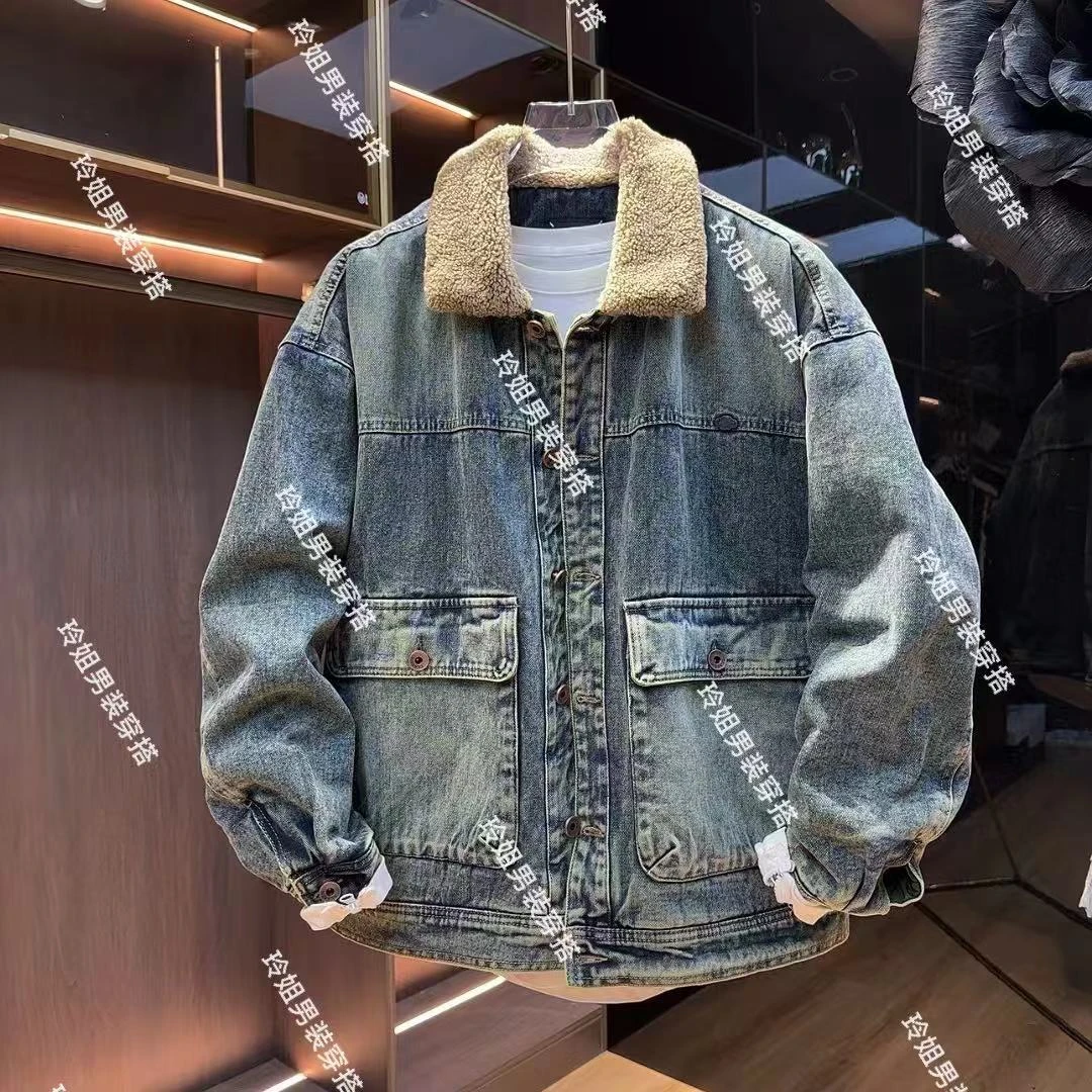 冬季男加厚牛仔加毛绒加厚棉服水洗做旧贴标宽松潮流百搭夹克外套