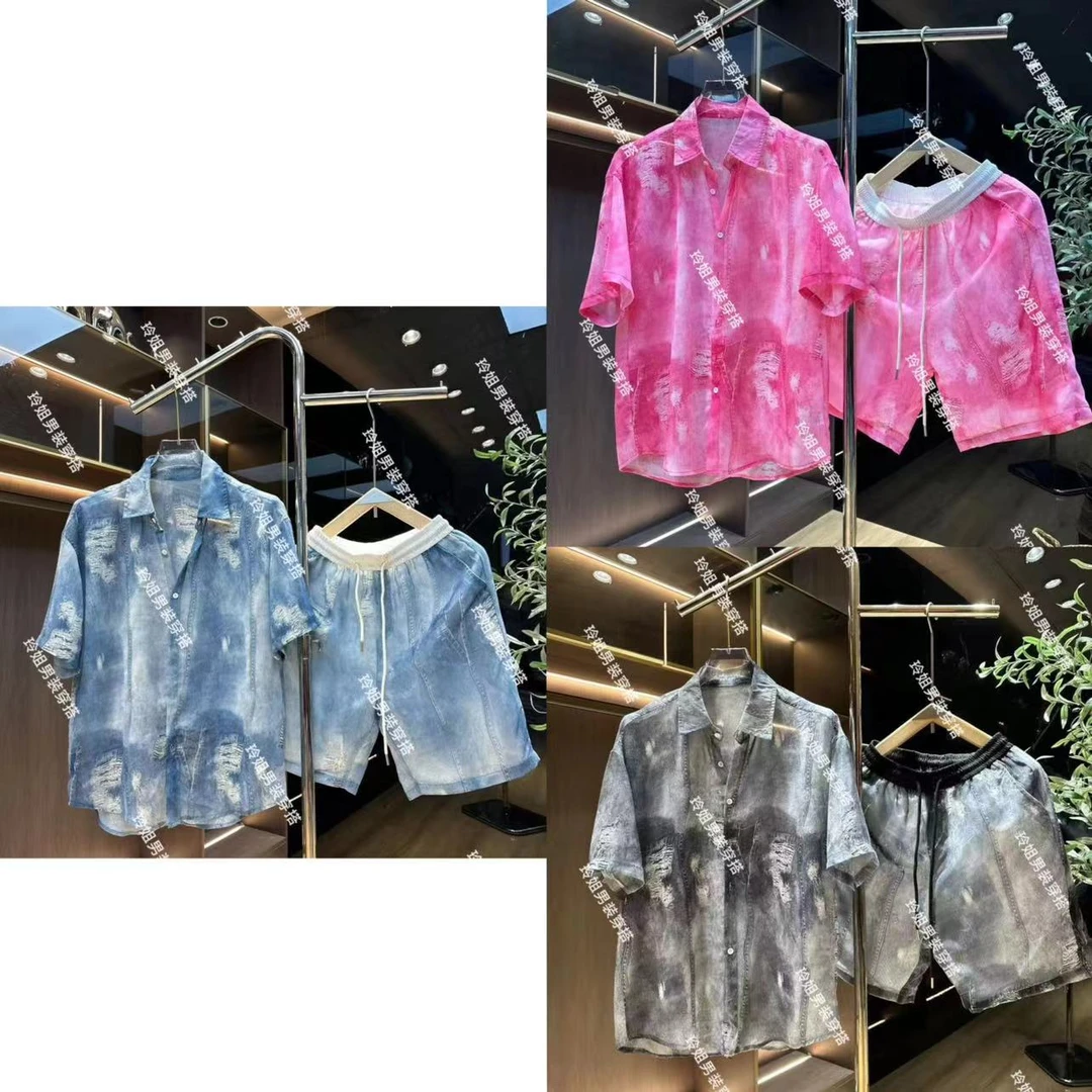 夏日慵懒风做旧宽松仿真牛仔设计轻纱复古风轻薄透宽松衬衫男套装