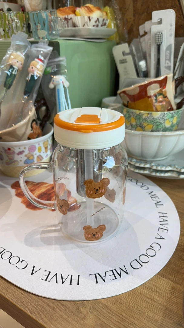 高颜值耐高温玻璃水杯女生办公茶水分离吸管杯家用带把