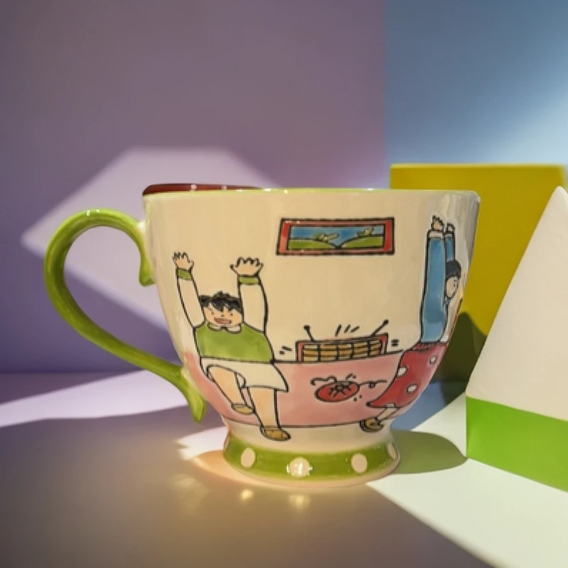 韩式手工绘制卡通浮雕陶瓷杯学生牛奶燕麦片水杯