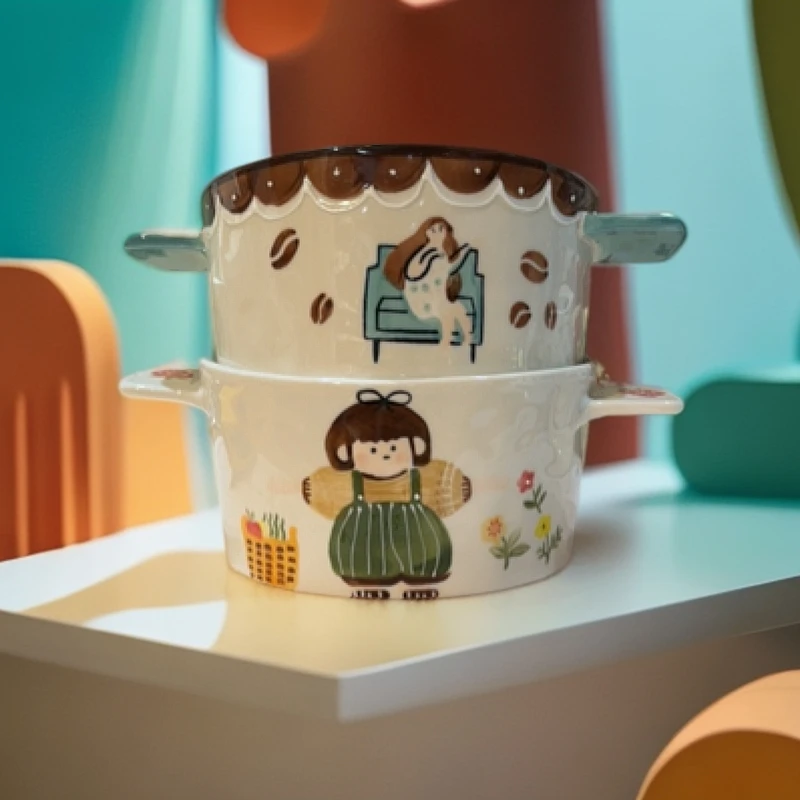 卡通复古早餐牛奶杯高颜值情侣水杯泡面碗带盖