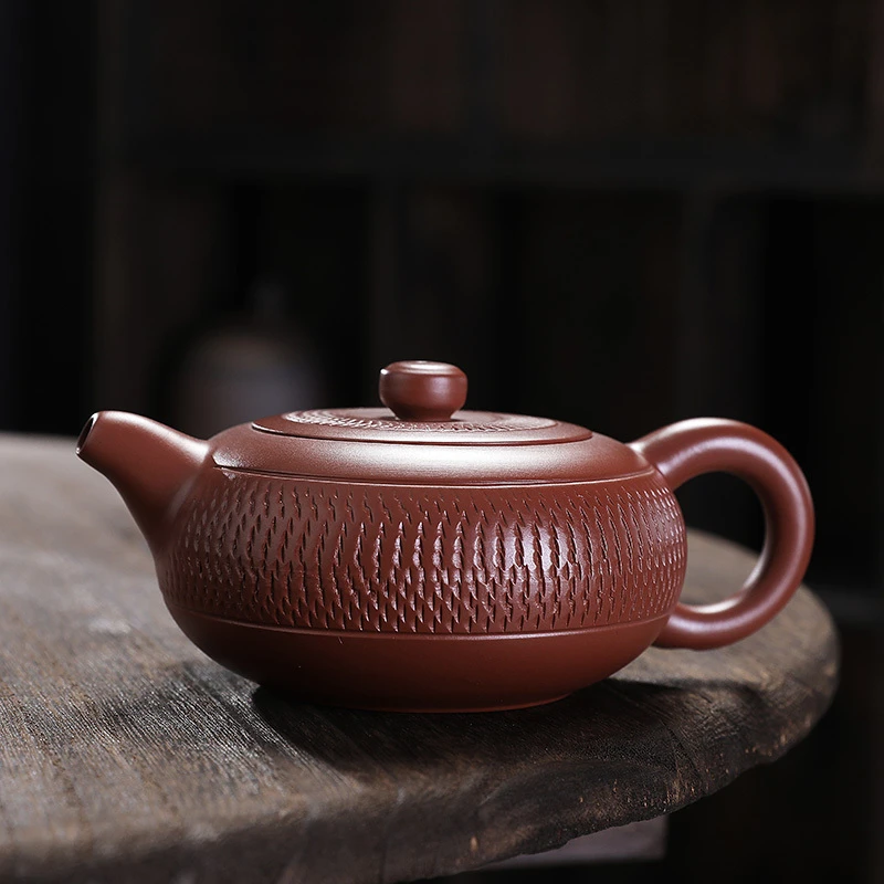原矿紫砂朱泥壶纯手工斜纹扁西施壶中式家用送礼茶壶泡茶壶单壶