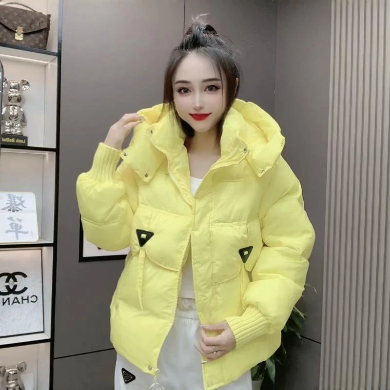 冬季时尚拼接宽松连帽彩色棉服女欧货2024新款三角标加棉棉衣