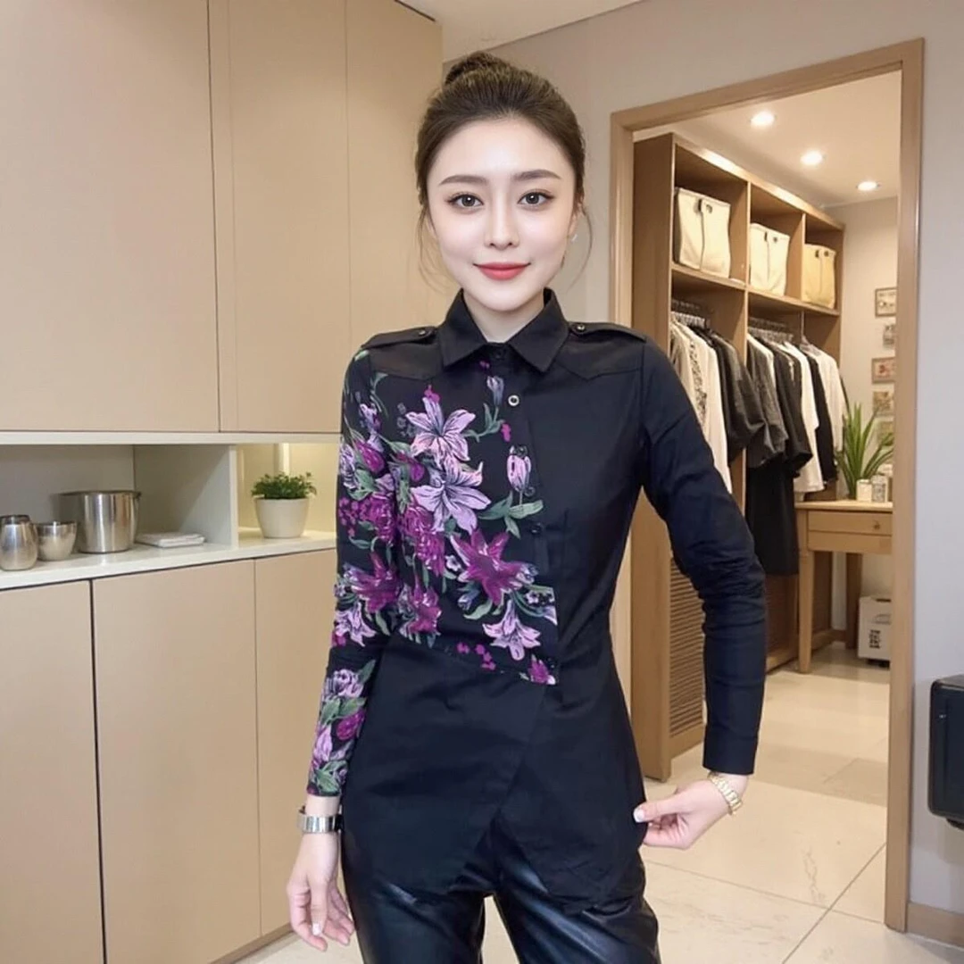 欧洲站2024秋冬新款复古印花拼接设计感不规则衬衫女收腰显瘦衬衣