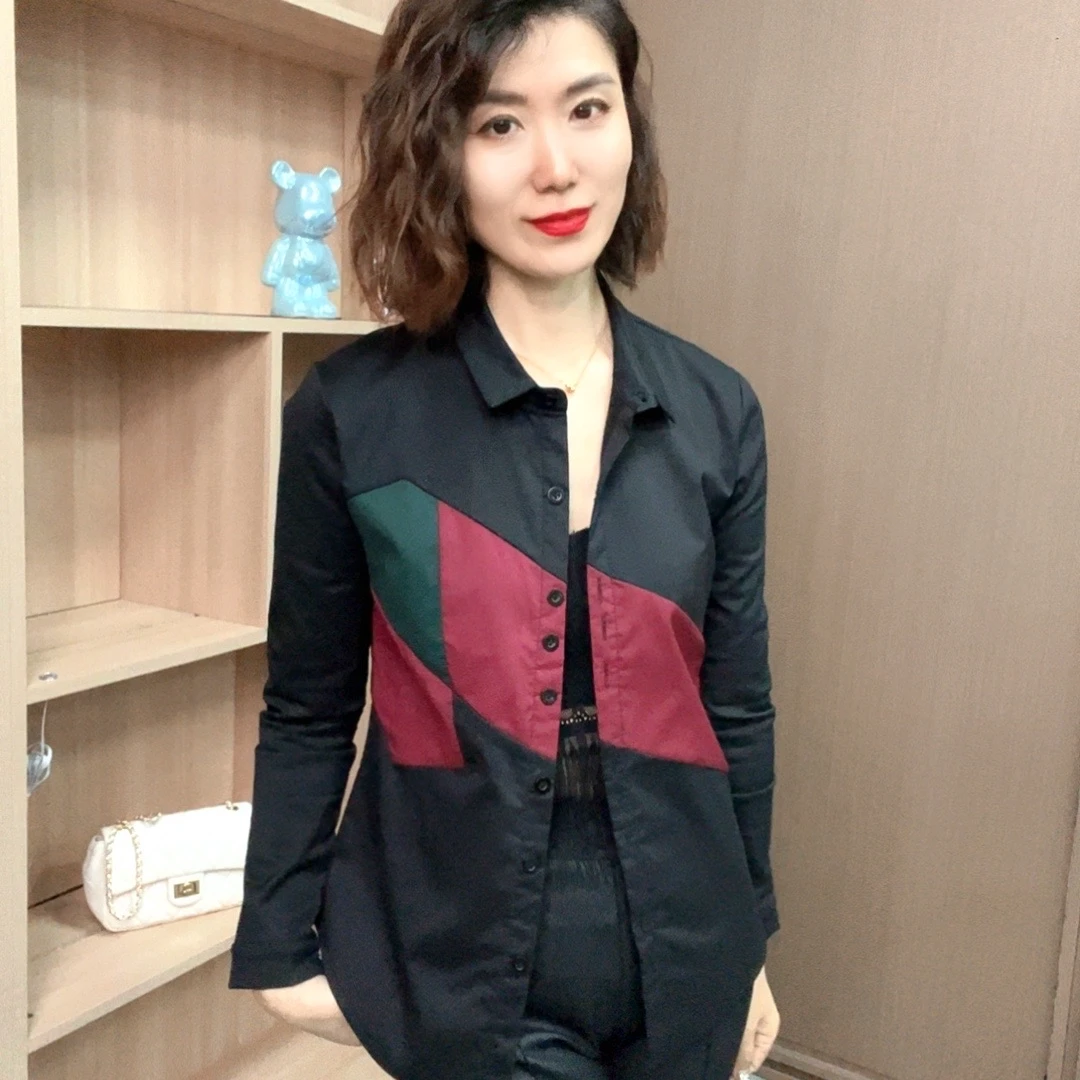 加绒保暖方领长袖衬衫女单排扣修身拼接棉质欧洲站百搭职业秋冬潮
