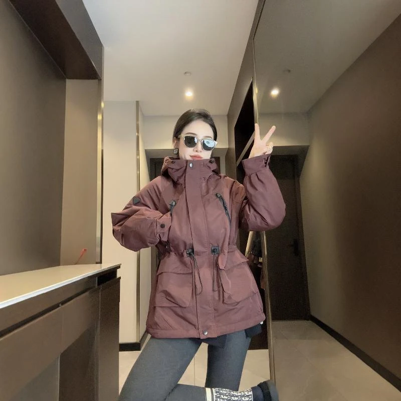 2024秋季新款韩版宽松加棉收腰显瘦连帽大口袋冲锋衣洋气二棉风衣