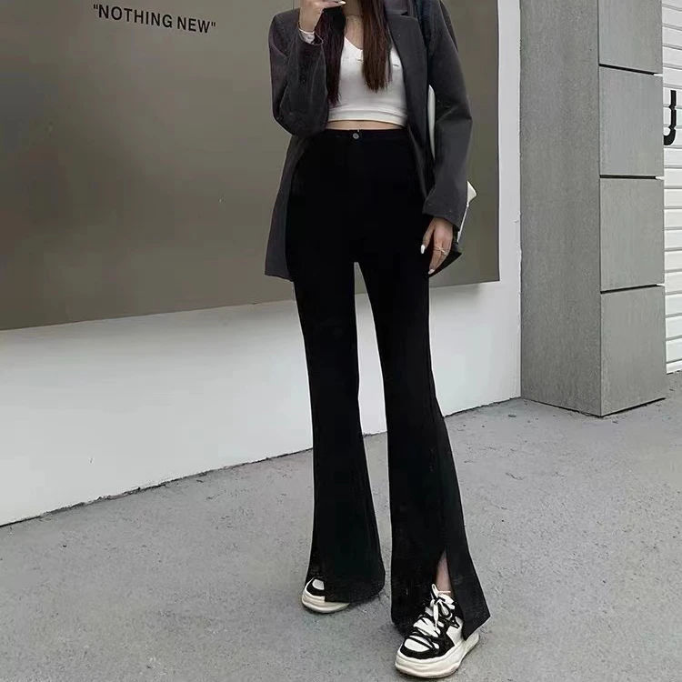T JD035 黑色微喇裤女开叉裤小个子高腰修身显瘦休闲垂感拖地裤子