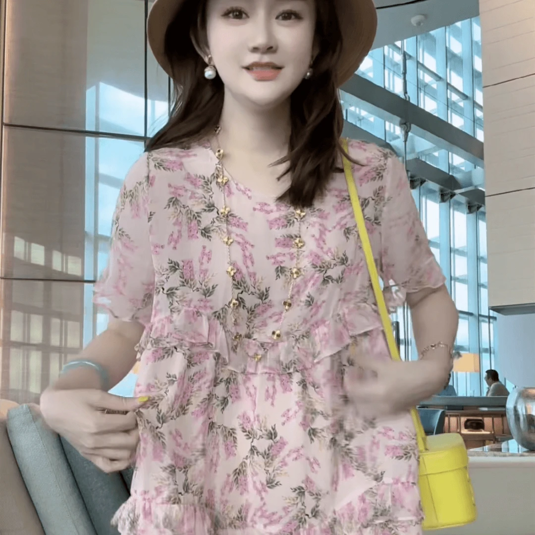 【深圳南油】(E770)100%真丝双绉洋气碎花图案桑蚕丝女装连衣裙