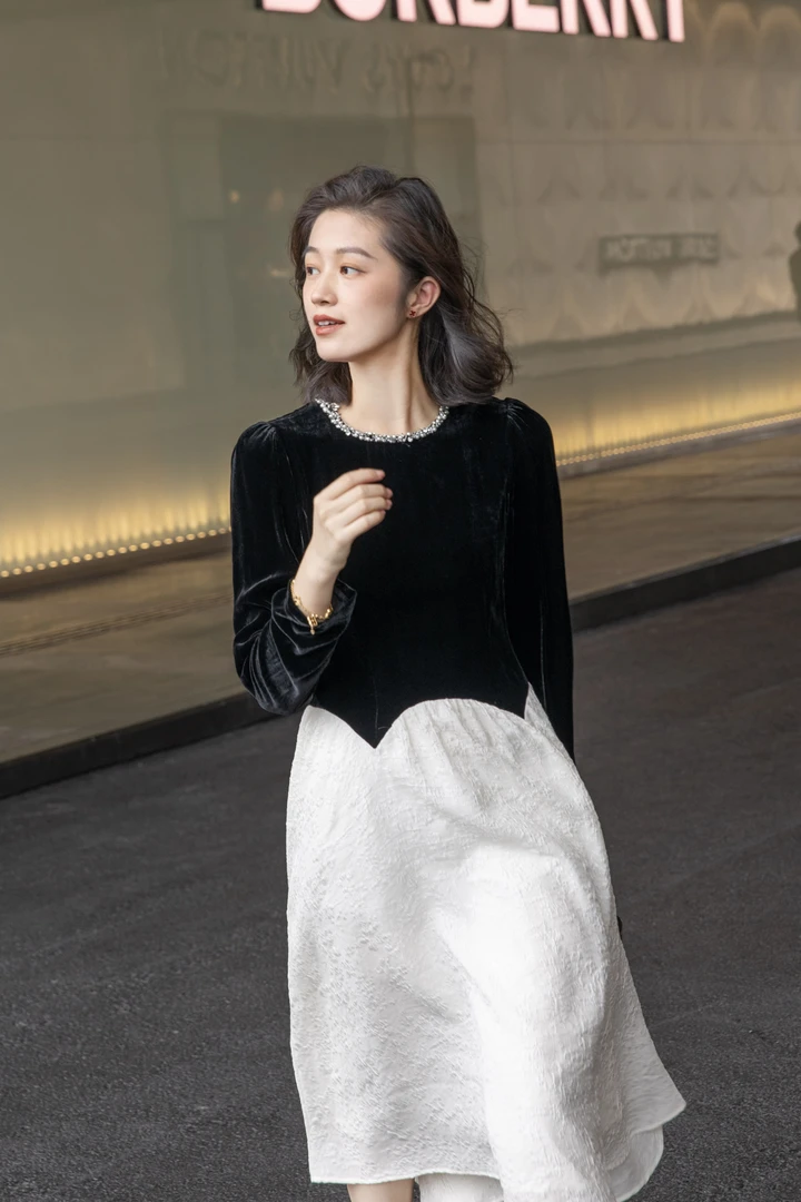 【丝芙玉禄】（S087）重磅100%真丝丝绒下摆拼接撞色丝绒连衣裙