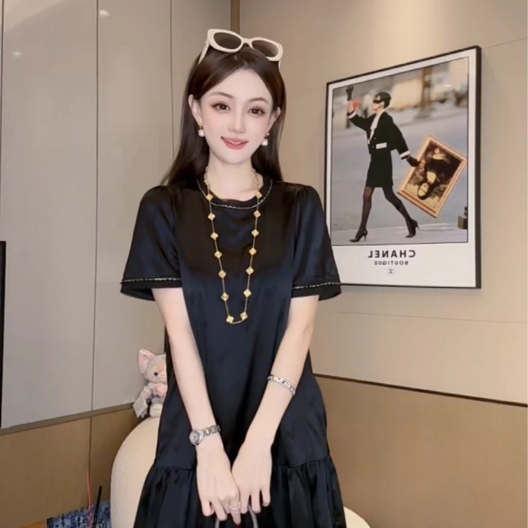 【丝芙玉禄】（E980）新款真丝洋气绣花爱心拼金线桑蚕丝女装连衣裙