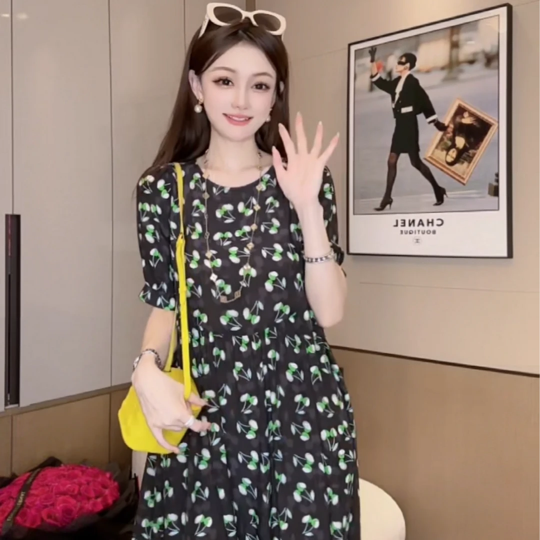 【深圳南油】（E824）100%真丝双绉黑底绿樱桃连衣裙桑蚕丝女装连衣裙