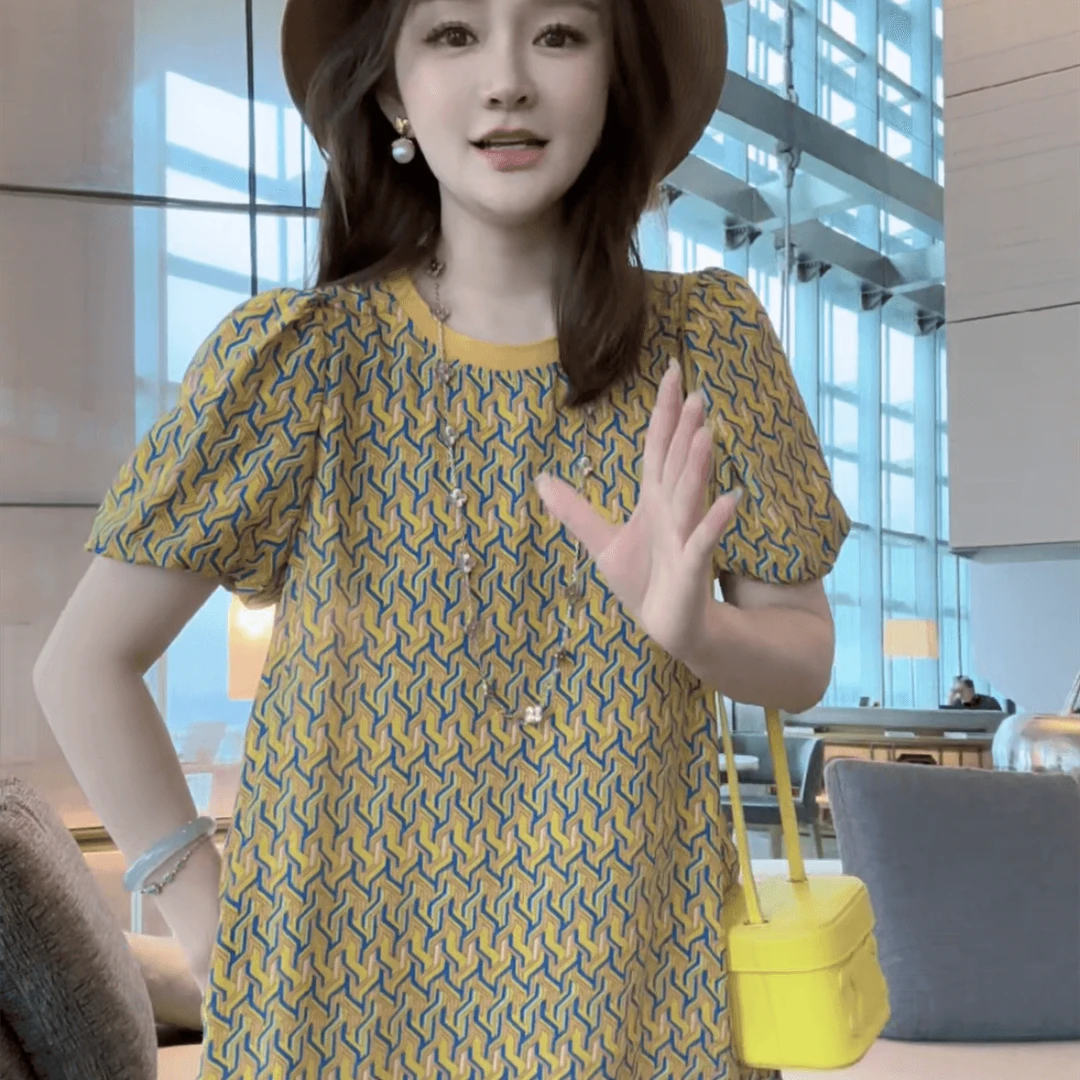 【丝芙玉禄】（E931）100%真丝双绉圆领不规则图案桑蚕丝女装连衣裙