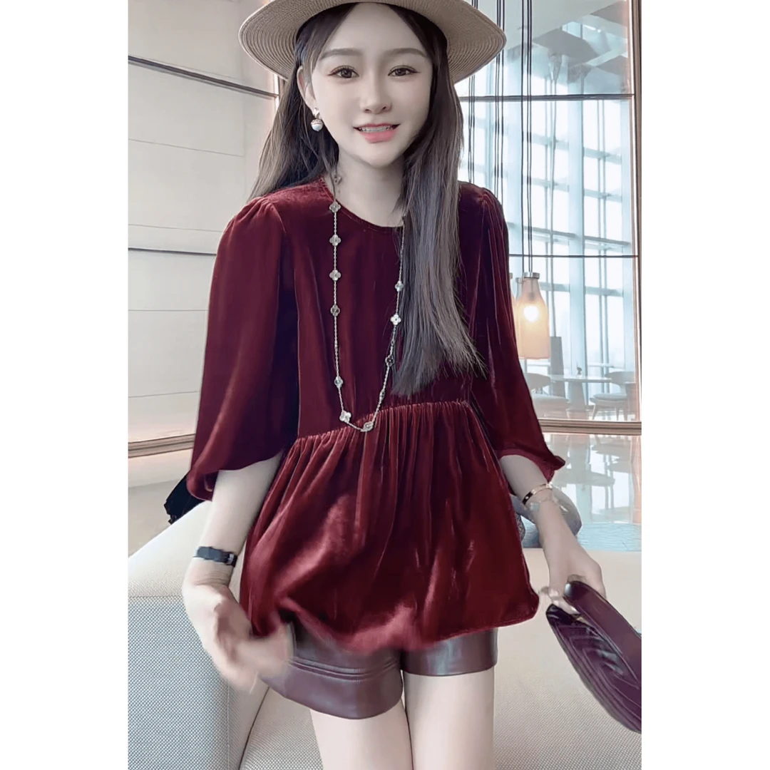 【丝芙玉禄】【F234】100%桑蚕丝酒红色洋气显瘦气质真丝丝绒上衣