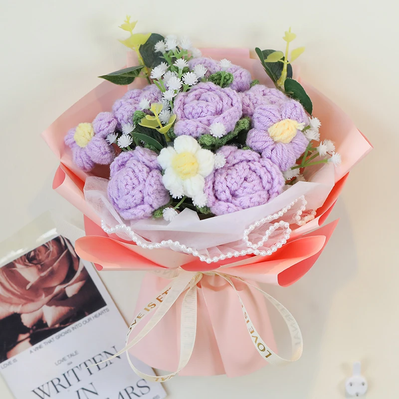 精致手工编织毛线花束玫瑰仿真花仪式感生日礼物送女生闺蜜手捧花