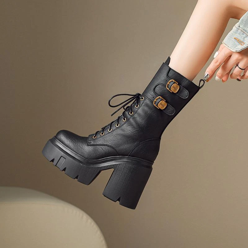 真皮！12cm超高跟厚底全真皮中筒靴女秋冬小个子增高短靴潮粗跟马