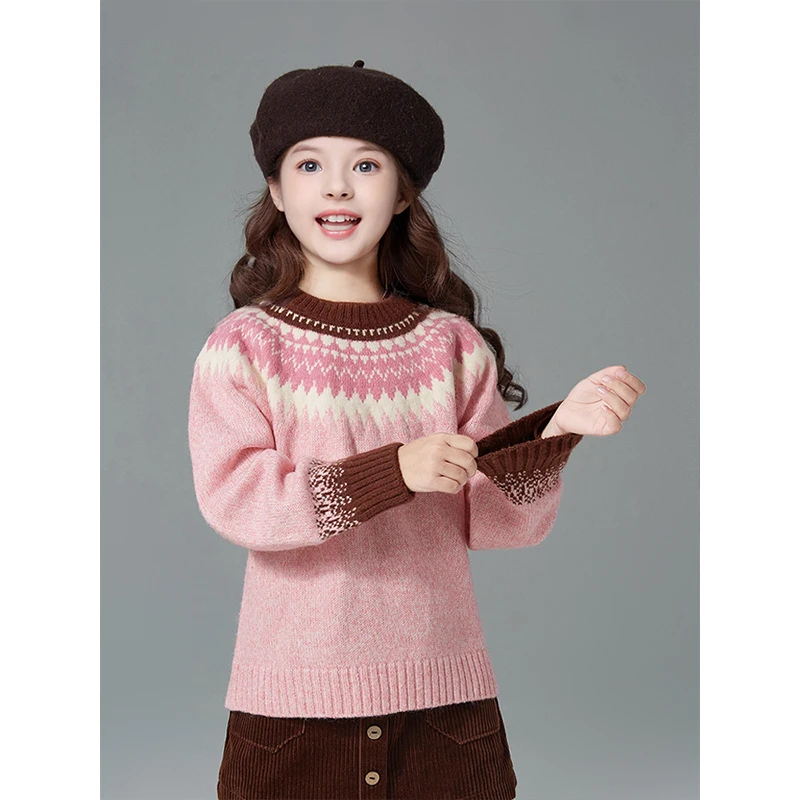 笛莎童装复古针织衫2024新款保暖毛衣洋气费尔岛毛衫女童秋冬