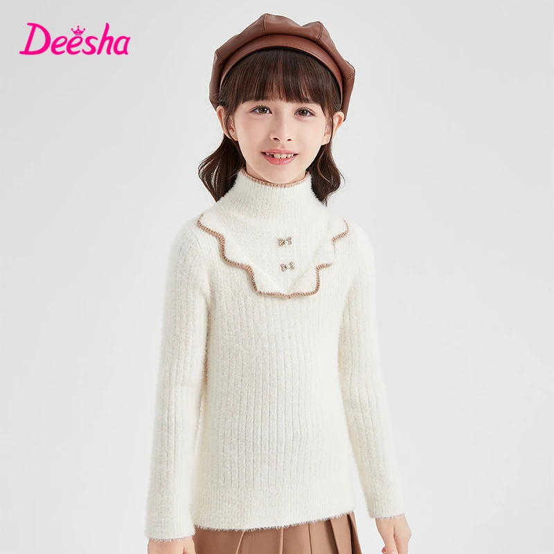 DEESHA/笛莎毛衣女童冬季新款百搭半高领保暖圆领套头款针织毛衫