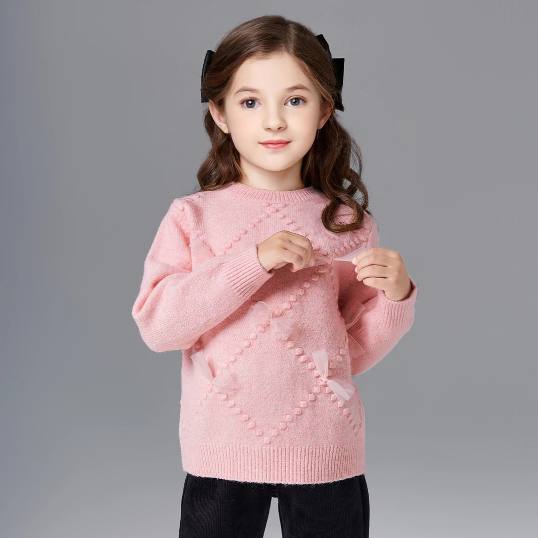 DEESHA/笛莎立体网纱蝴蝶结套头毛衣2024新款优雅款毛衣女童秋冬