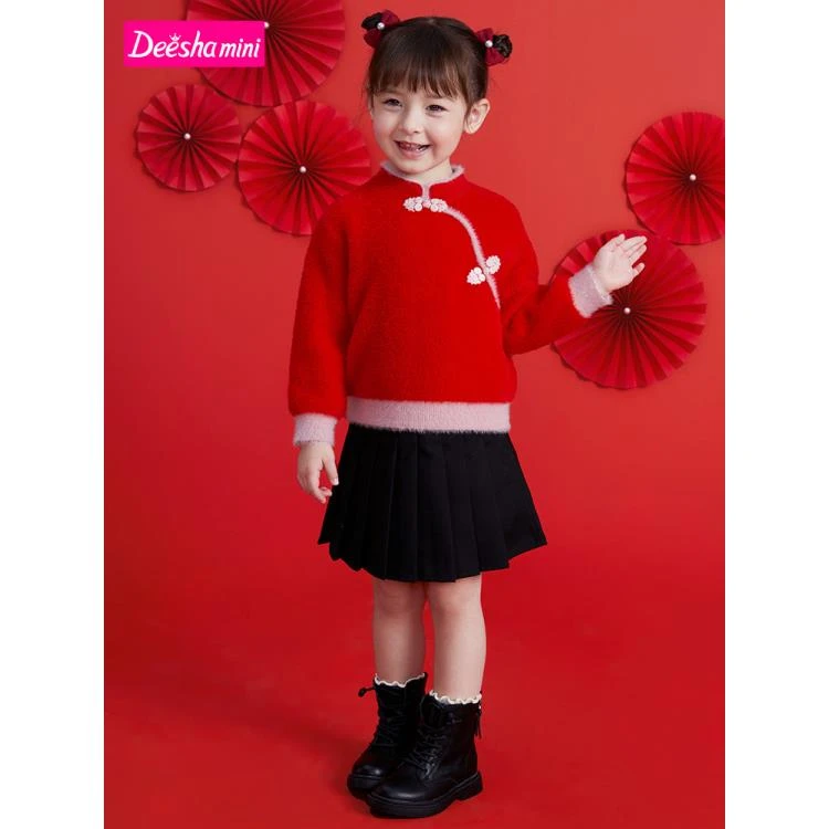 笛莎童装女童针织衫22春秋儿童时尚复古新年红套头毛衣-332