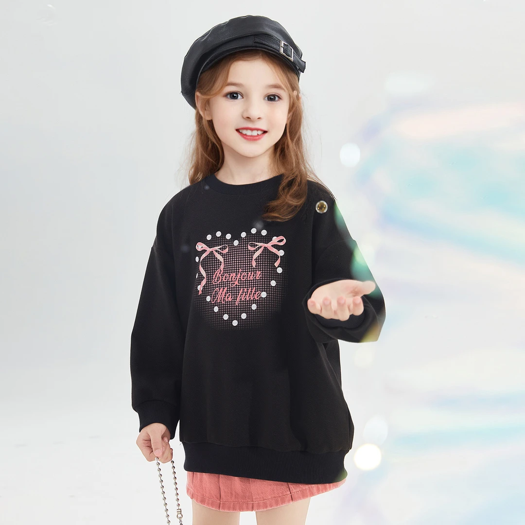 DEESHA/笛莎中大童爱心蝴蝶结圆领卫衣2024新款印花卫衣女童秋