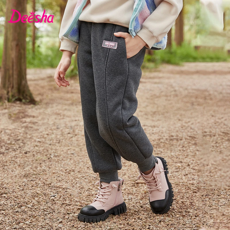 DEESHA/笛莎裤子女童冬季新款波浪花纹加绒加厚保暖时尚款束脚裤